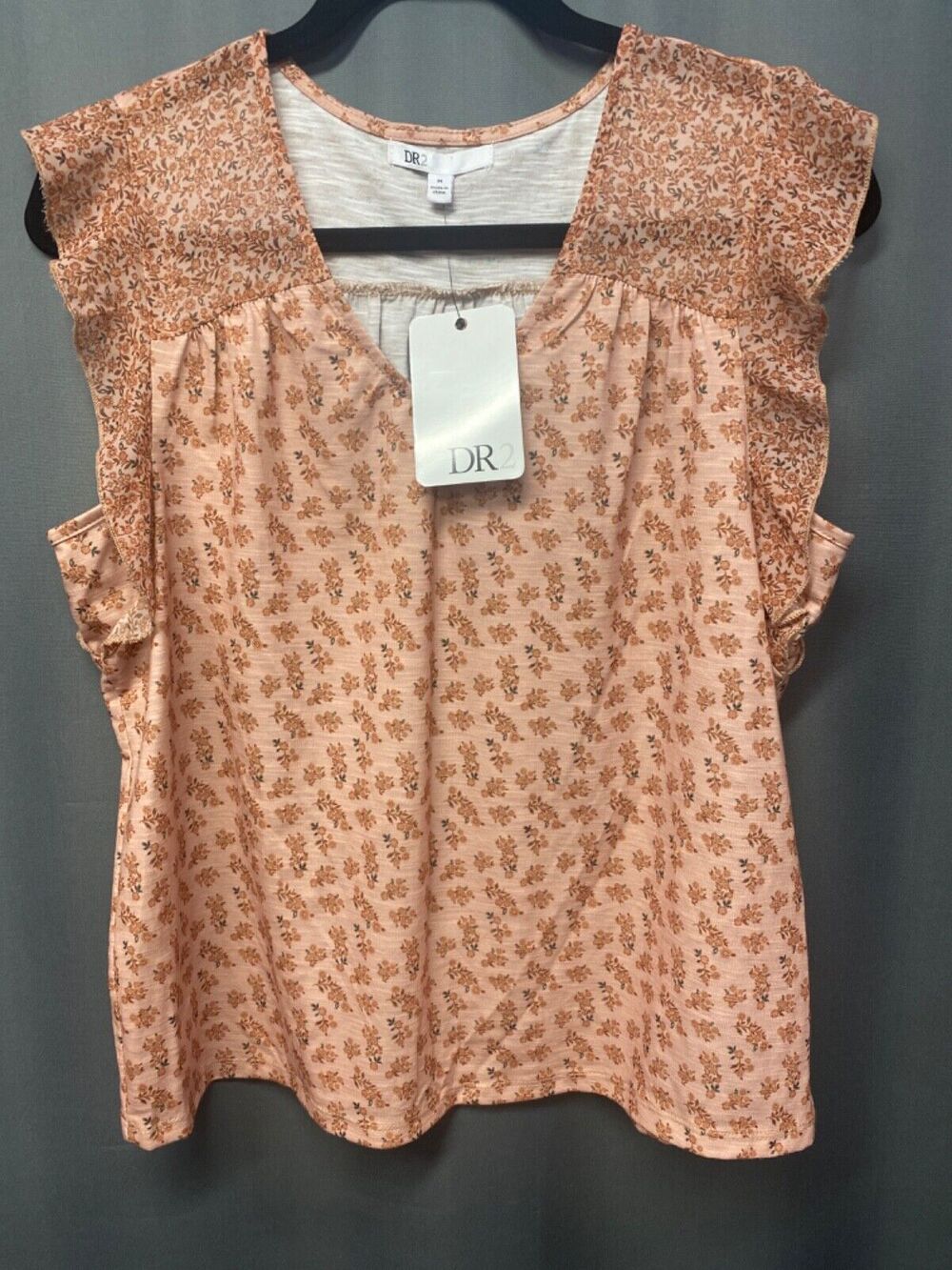 DR2 Women's Butterfly Short Sleeves Ditsy Floral V-Neck Top Brown/ Tan M (b31)